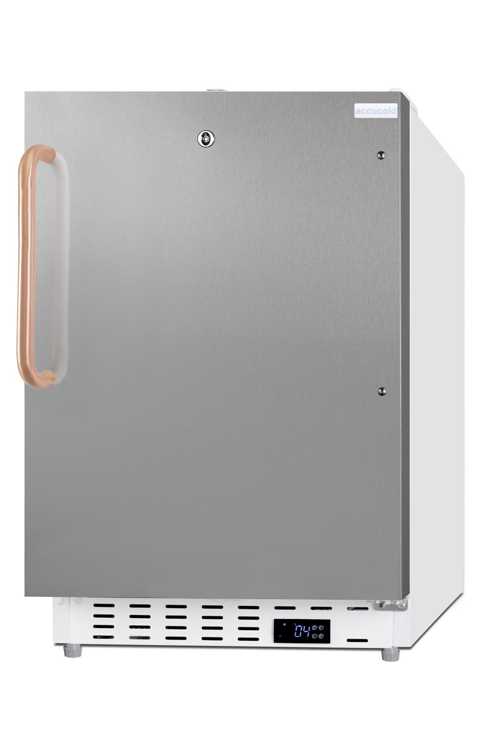 Built-in undercounter ADA compliant +2 C to +8 C all-refrigerator with white cabinet and stainless steel door, pure copper towel bar handle, lock, digital controls, wire shelving, hospital cord with 'green dot' plug, factory installed access port, and automatic defrost operation